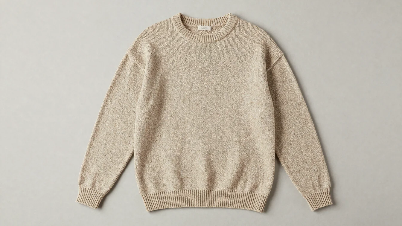 Full-garment studio view of a knitted pullover laid flat on an un