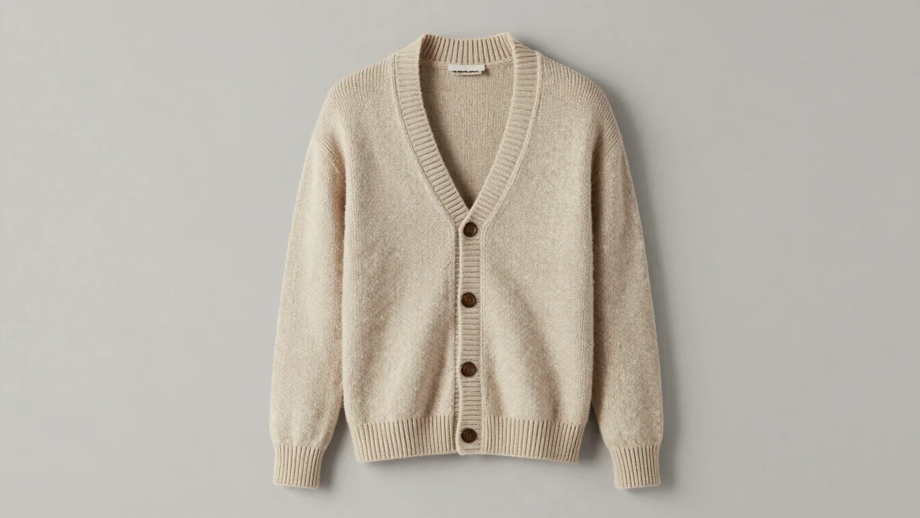 Full-garment studio view of a knitted cardigan on a neutral backd