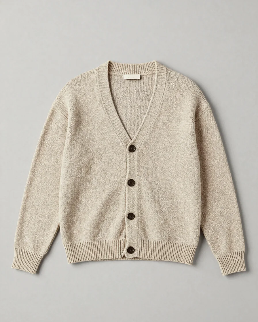 Clean full-garment studio view of a knitted cardigan laid flat on