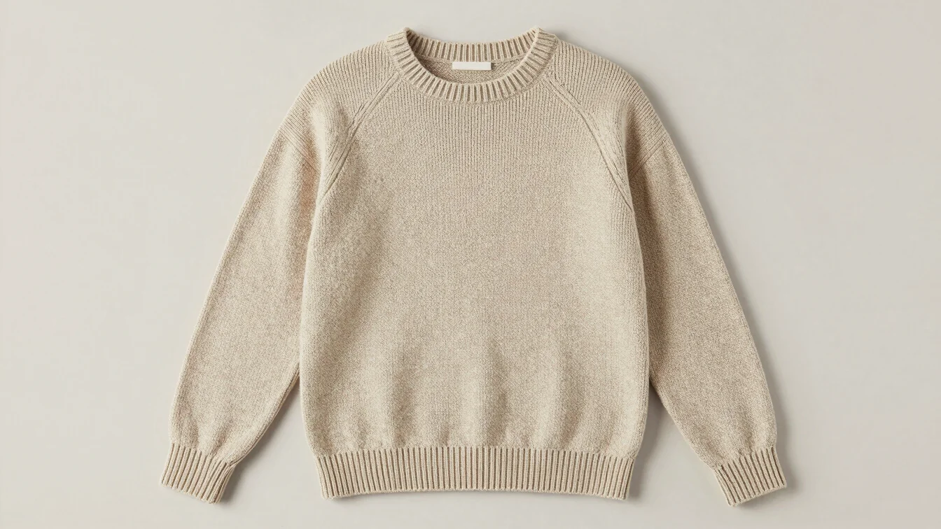 Knitted pullover shown flat on a neutral backdrop, soft even dayl