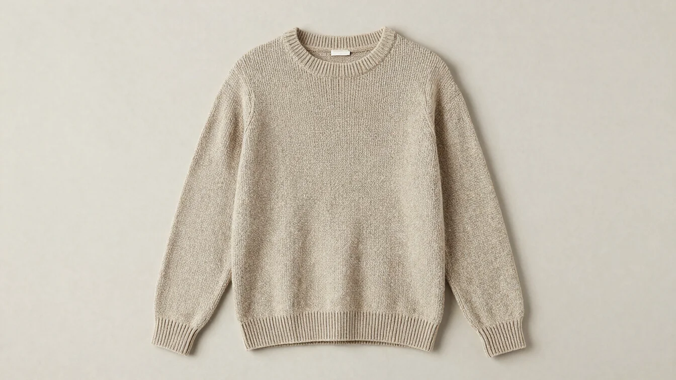 Knitted jersey garment shown flat on a neutral backdrop, soft eve