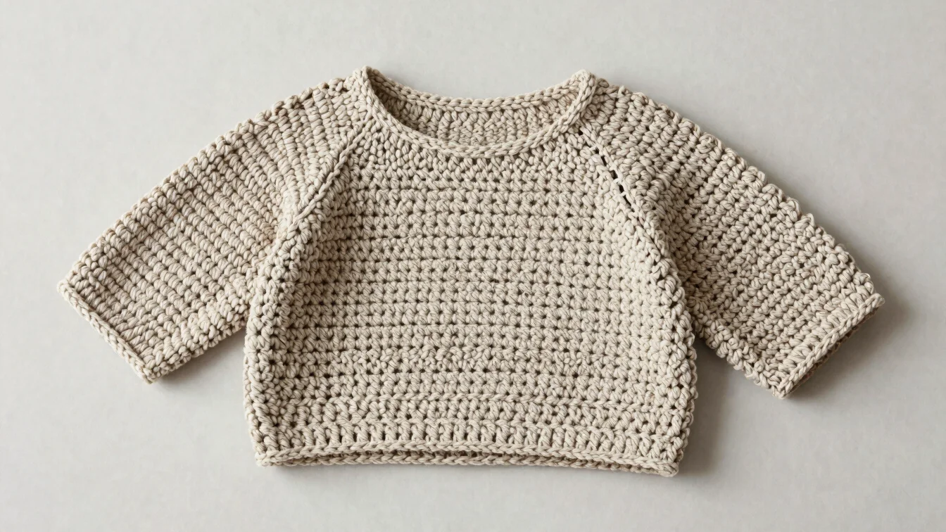 Crocheted wearing apparel piece on a neutral backdrop, soft even