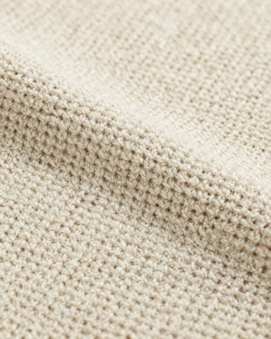 Extreme close-up of a fine knitted textile structure in natural c